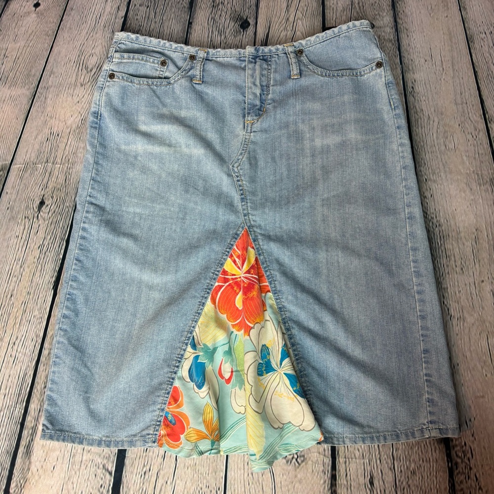 VTG 90s Y2K Express Low Rise Denim Midi Skirt Floral Silk Pleated Accent Sz 3/4